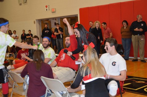 Assistant Principal Mr. Maoury endures a leg waxing from the cheerleaders
