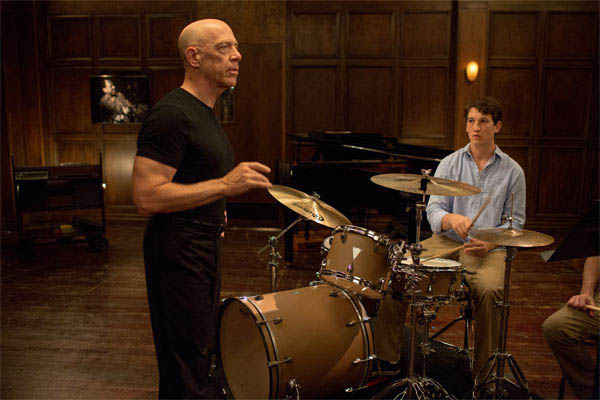 J.K Simmons (left) and Miles Teller (right) in Whiplash.