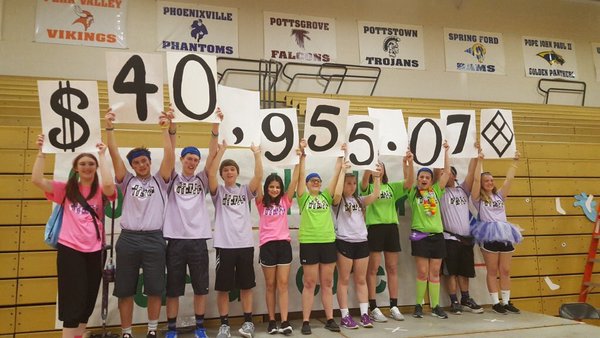 Mini-THON organizers hold up a sign showing the school exceeded its fundraising goal of $40,000.