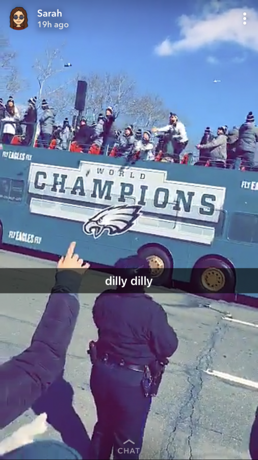 Sophomore Sarah Freeds Snapchat post showing her view of the Eagles bus during the Super Bowl Parade. She was among over 2.5 million people who came out to celebrate.