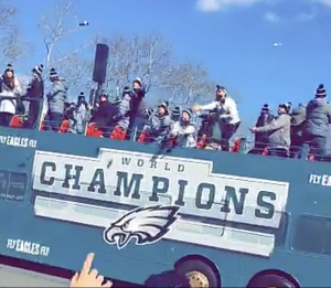 Sophomore Sarah Freeds Snapchat post showing her view of the Eagles bus during the Super Bowl Parade. She was among over 2.5 million people who came out to celebrate.