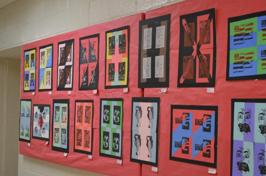 Mixed Media printmaking projects are hanging in the art hallway.