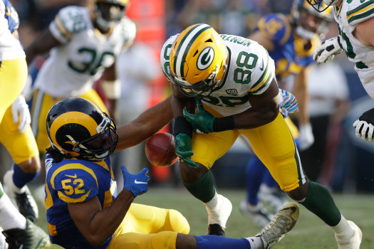 Green Bay Packers Running Back Ty Montgomery (88) Fumbles the Ball, Recovered by Los Angeles Rams Linebacker Ramik Wilson (52) in Final Minutes.