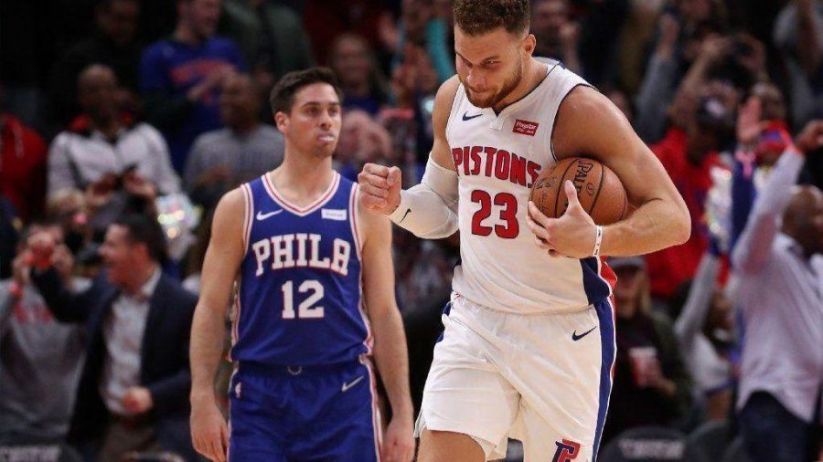 Sixers+TJ+McConnell+looks+on+as+Pistons+Blake+Griffin+celebrates+win+over+the+Sixers+on+Tuesday+night