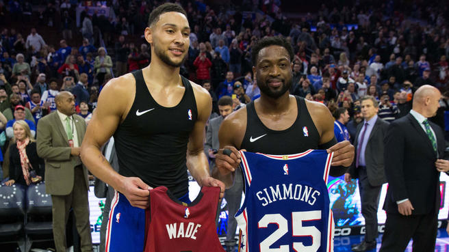 Sixers+Ben+Simmons+and+Heats+Dwyane+Wade+exchange+jerseys+after+Wades+final+career+game+in+Philadelphia.