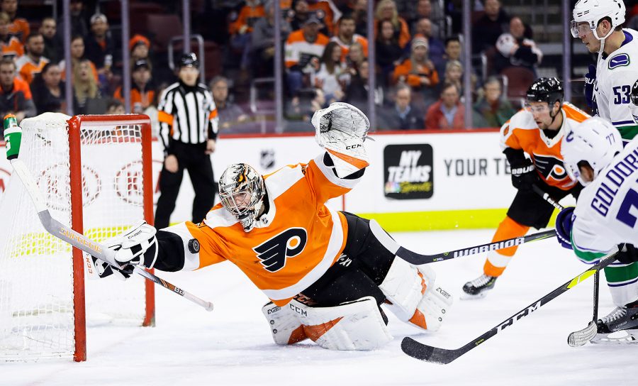 Flyers+star+goalie+Carter+Hart+makes+a+brilliant+save+on+Canucks+Nickolay+Goldobins+shot+attempt%2C+preserving+the+Flyers+2-1+win.