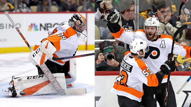 %28Left%29+Flyers+goalie+Carter+Hart+allowed+only+1+goal+on+42+shots%3B+%28Right%29+Sean+Couturier+celebrates+his+game-winning+overtime+goal++to+defeat+Pittsburgh.