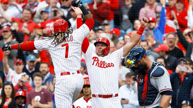 Phillies Maikel Franco and Rhys Hoskins celebrate after Francos 3-run homer in the 6th inning of Thursdays game against Atlanta.