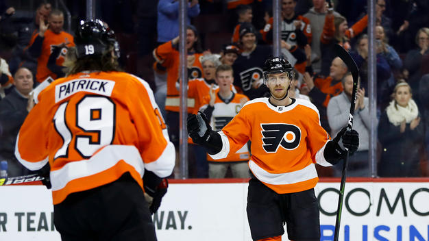 Flyers+Nolan+Patrick+and+Michael+Raffl+celebrate+Raffls+2nd+period+goal+in+the+Flyers+3-2+win+on+Monday.