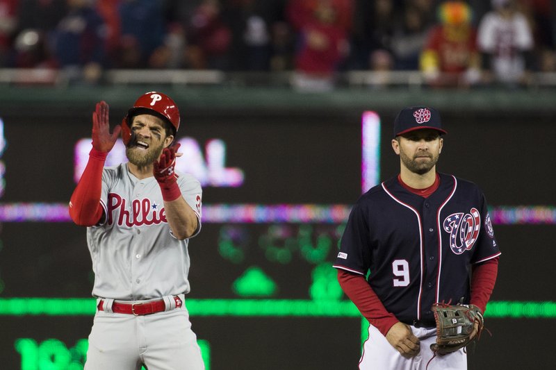 Bryce+Harper+celebrates+an+RBI+double+in+the+Phillies+8-2+win+over+the+Nationals+on+Tuesday.