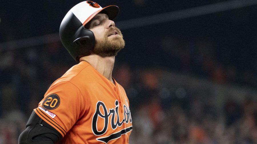 Apr 6, 2019; Baltimore, MD, USA;  Baltimore Orioles first baseman Chris Davis (19) reacts after grounding out with the bases loading in the eighth inning against the New York Yankees at Oriole Park at Camden Yards. Mandatory Credit: Tommy Gilligan-USA TODAY Sports