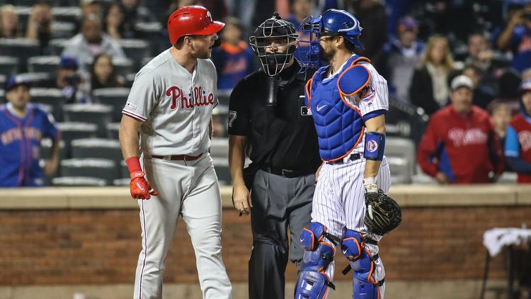 Phillies Rhys Hoskins made no friends with the Mets after narrowly avoiding a fastball to the head on Tuesday night.