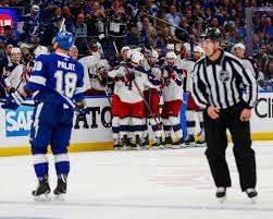 Blue Jackets celebrate as they take a 4 - 3 lead late in the 3rd period.