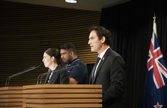 New Zealand Police Minister Stuart Nash, left, speaks during a press conference with Prime Minister Jacinda Ardern at the Parliament House in Wellington on March 21, 2019.