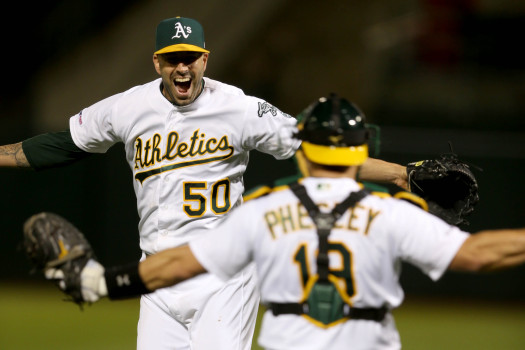 OAKLAND, CALIFORNIA - MAY 7: Oakland Athletics starting pitcher Mike Fiers (50) and catcher Josh Phegley (19) celebrate their no-hitter game against the Cincinnati Reds in the ninth inning of a MLB game at the Oakland-Alameda County Coliseum in Oakland, Calif., on Tuesday, May 7, 2019. The As won 2-0.(Ray Chavez/Bay Area News Group)