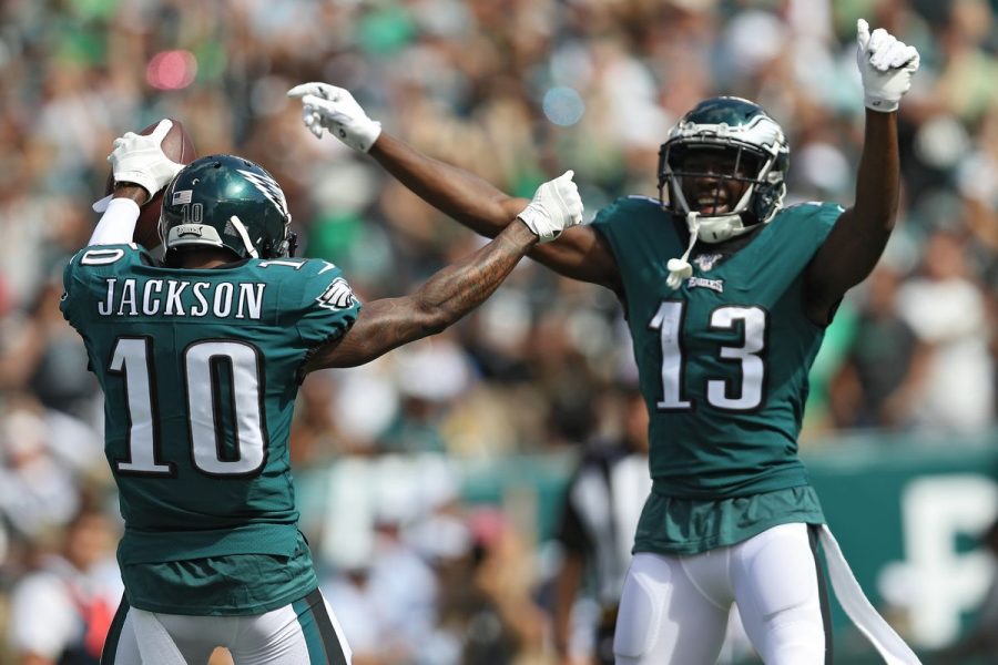 Eagles recievers DeSean Jackson and Nelson Agholor celebrate the Eagles 32-27 win over the Washington Redskins on Sunday.