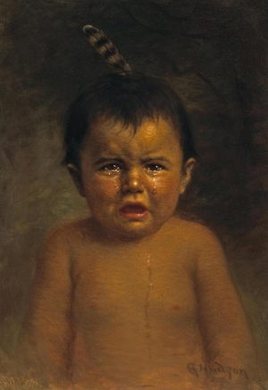 A nineteenth century Native American child cries tears which reflect four hundred years of colonial abuse. 