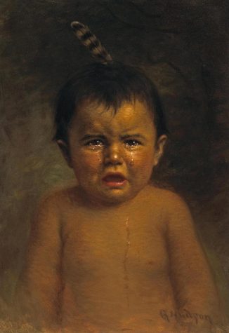 A nineteenth century Native American child cries tears which reflect four hundred years of colonial abuse. 