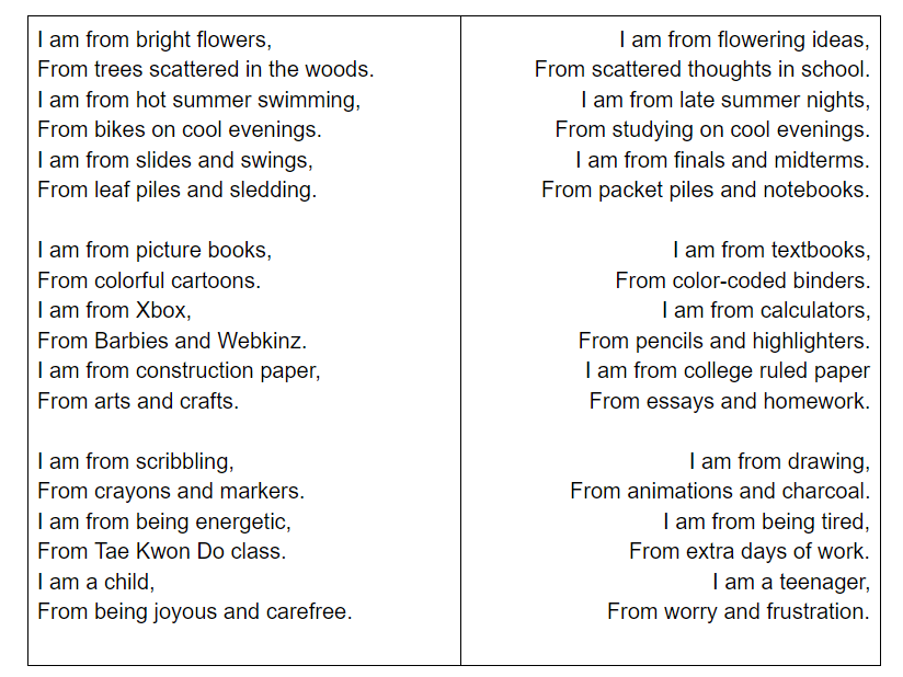Amanda Garveys poem, I Am From, is inspired by her own emotions of moving from childhood to teenage life. 