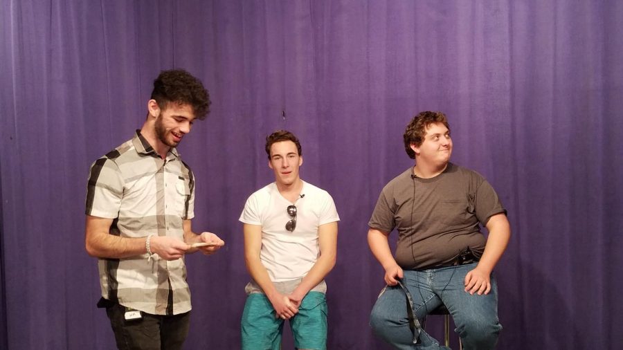 Neiko Shea, Connor Sargent, and Riley Fischer put on a skit titled Steve Berkwins Improv Showcase.