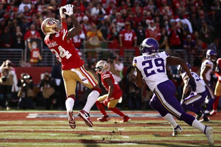 San Francisco 49ers Kendrick Bourne receives a 3-yard pass from Jimmy Garoppolo to put the 49ers up 7-0 in the 1st quarter of Saturdays game against the Minnesota Vikings. San Francisco went on to win 27-10.