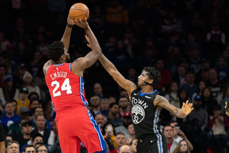 Sixers Joel Embiid takes a fade-away jumper for his 24th point of the night as the Sixers took down the Warriors 115-104.