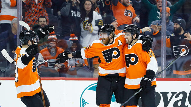 Flyers Joel Farabee, Jakub Voracek, and Matt Niskanen celebrate Voraceks goal in the 2nd period of the Flyers 3-0 win over the Penguins on Tuesday night.