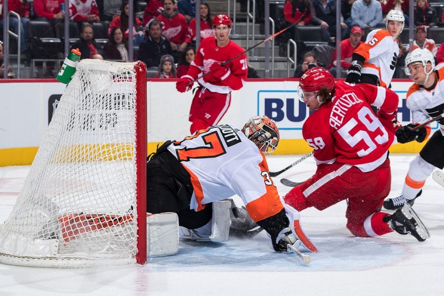 Flyers goalie Brian Elliot stops Red Wings Tyler Bertuzzis shot attempt as he shut out the Red Wings 3-0 on Monday.