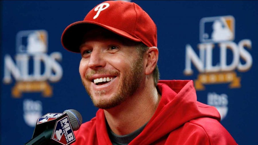 Roy+Halladay+during+his+postgame+press+conference+following+his+no-hitter+against+the+Cincinnati+Reds+in+Game+1+of+the+2010+NLDS.