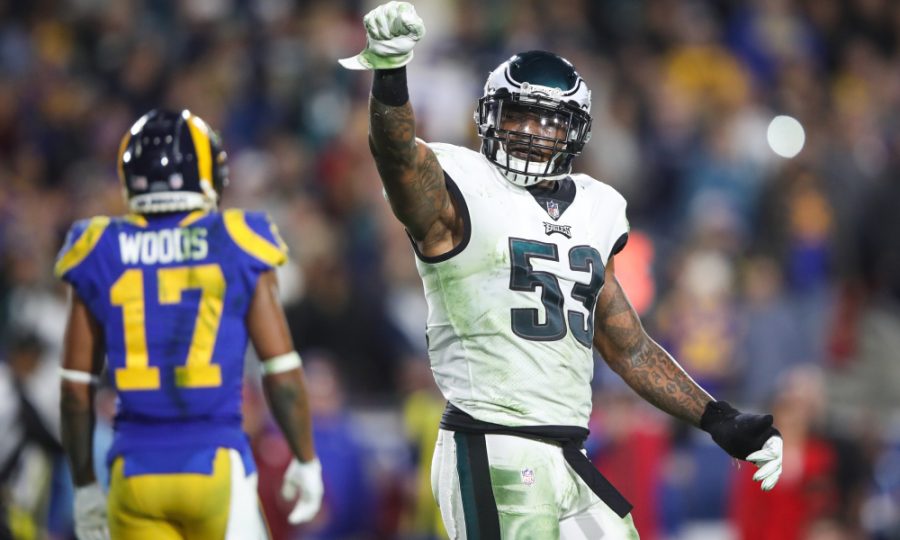 LOS ANGELES, CA - DECEMBER 16: Outside linebacker Nigel Bradham #53 of the Philadelphia Eagles reacts to a broken up pass play in the fourth quarter against the Los Angeles Rams at Los Angeles Memorial Coliseum on December 16, 2018 in Los Angeles, California. (Photo by Sean M. Haffey/Getty Images)