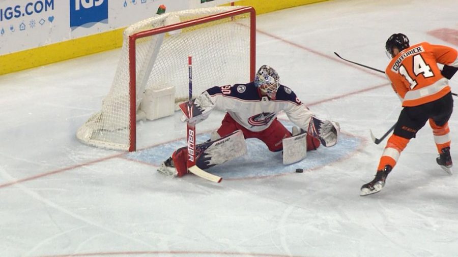 Flyers Sean Couturier scores on a breakaway opportunity early in the 1st period to give the Flyers a 2-0 lead in an eventual 5-1 win on Tuesday.