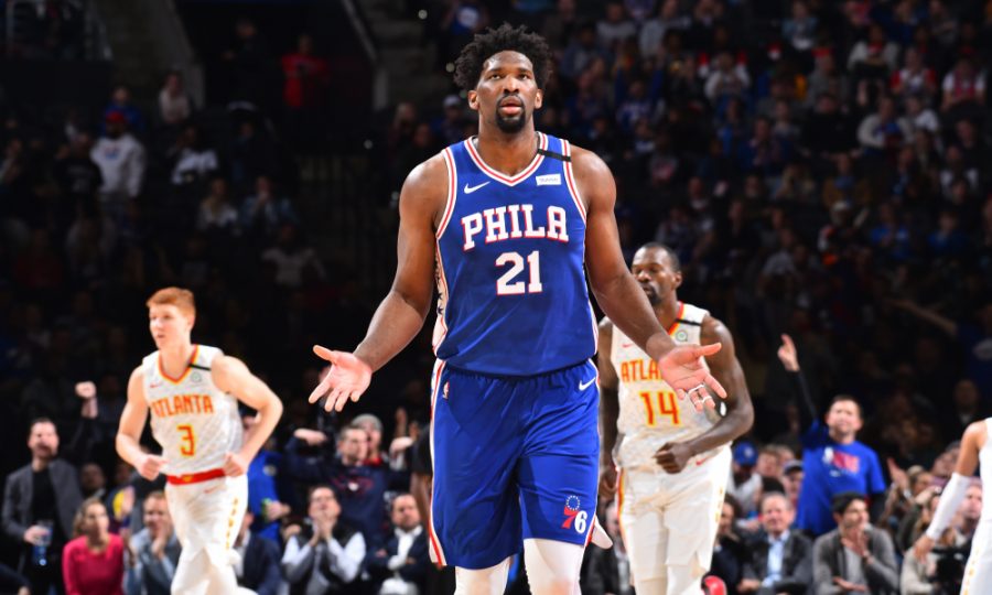 PHILADELPHIA, PA - FEBRUARY 24: Joel Embiid #21 of the Philadelphia 76ers reacts during a game against the Atlanta Hawks on February 24, 2020 at the Wells Fargo Center in Philadelphia, Pennsylvania NOTE TO USER: User expressly acknowledges and agrees that, by downloading and/or using this Photograph, user is consenting to the terms and conditions of the Getty Images License Agreement. Mandatory Copyright Notice: Copyright 2020 NBAE (Photo by Jesse D. Garrabrant/NBAE via Getty Images)