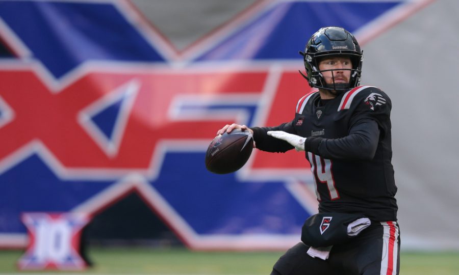 Feb 9, 2020; East Rutherford, NJ, USA; New York Guardians quarterback Matt McGloin (14) drops back to pass against the Tampa Bay Vipers during the third quarter of an XFL football game at MetLife Stadium. 