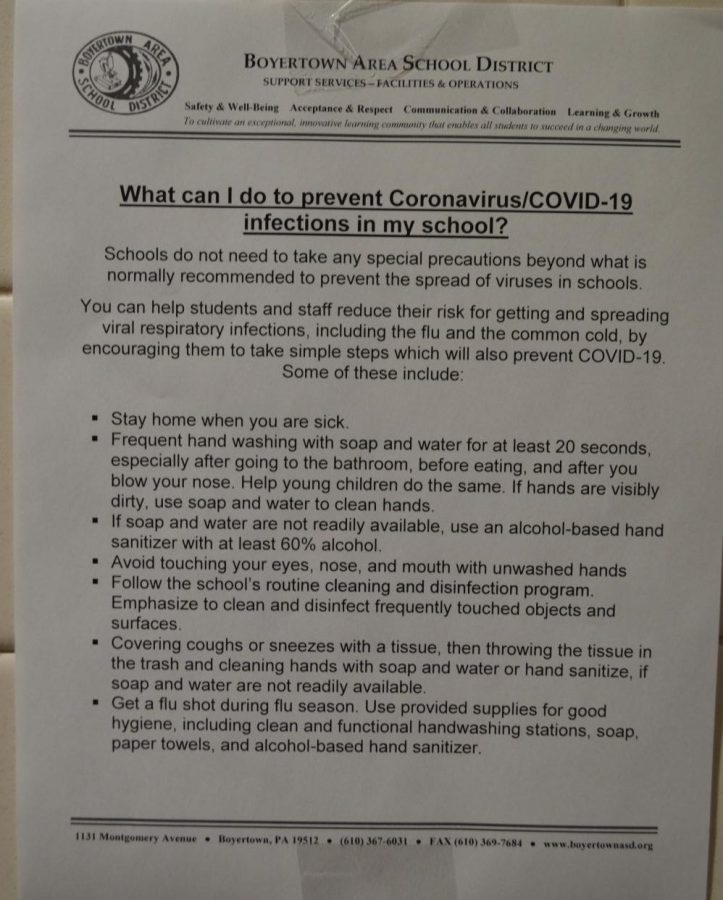The school hung up fliers regarding health practices in case of COVID-19 exposure.