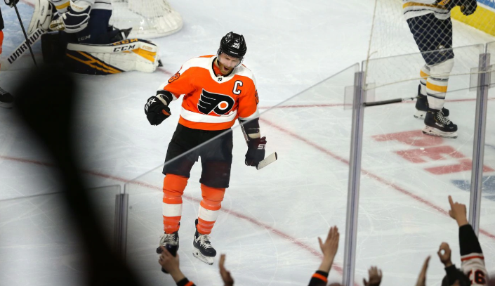 Claude Giroux of the Flyers celebrates after scoring against the Sabres during the 2nd period at the Wells Fargo Center on March 7, 2020. He had 2 of the Flyers goals in the win (via The Philadelphia Inquirer).