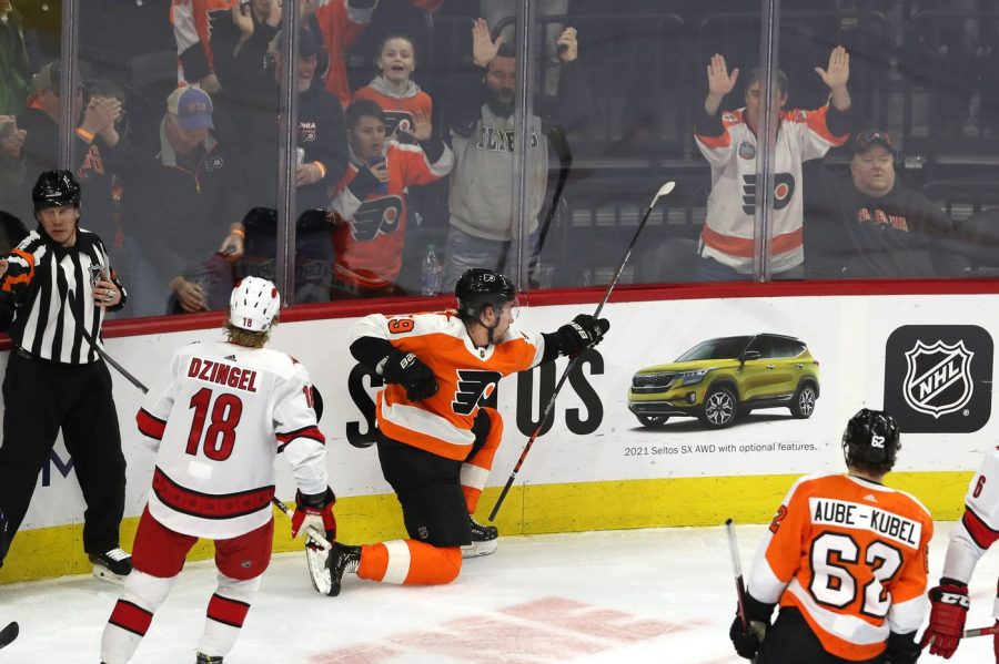 Flyers Ivan Provorov celebrates his 13th goal of the season to give the Flyers a 1-0 lead against the Hurricanes on Thursday night. The Flyers would go on to win 4-1 (via The Philadelphia Inquirer).