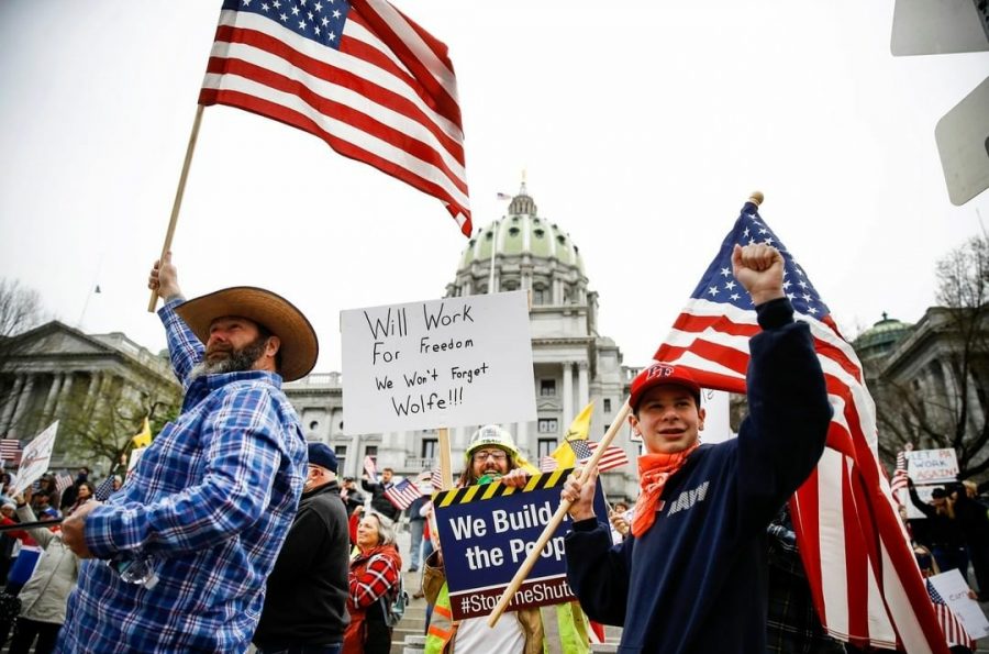 Hundreds of Pennsylvania residents gathered outside of the state capitol in Harrisburg Monday to protest shutdown measures.