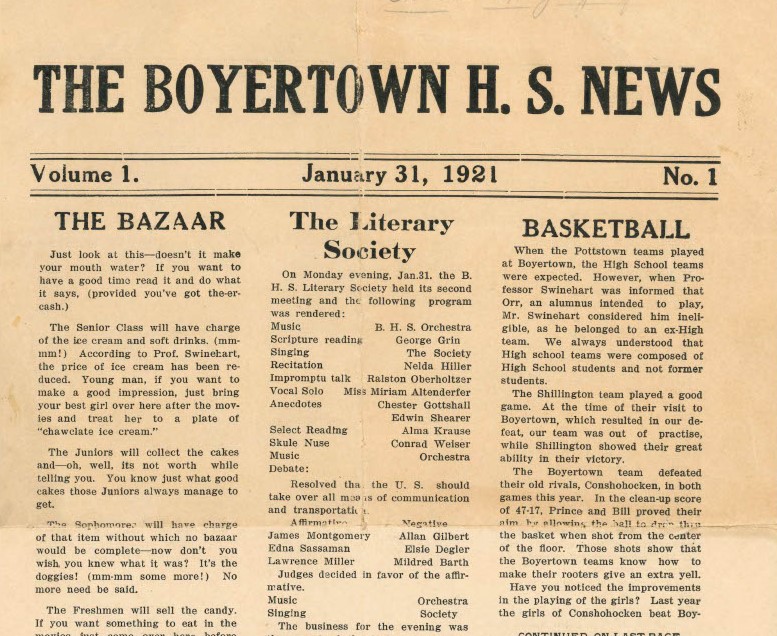 Front page of Volume 1, Issue 1 discusses the events of the Literary Club including scripture reading and recitations. The Bazaar is also highlighted by encouraging young men to bring their best girl along after the movies to treat her to a plate of chawclate ice cream.