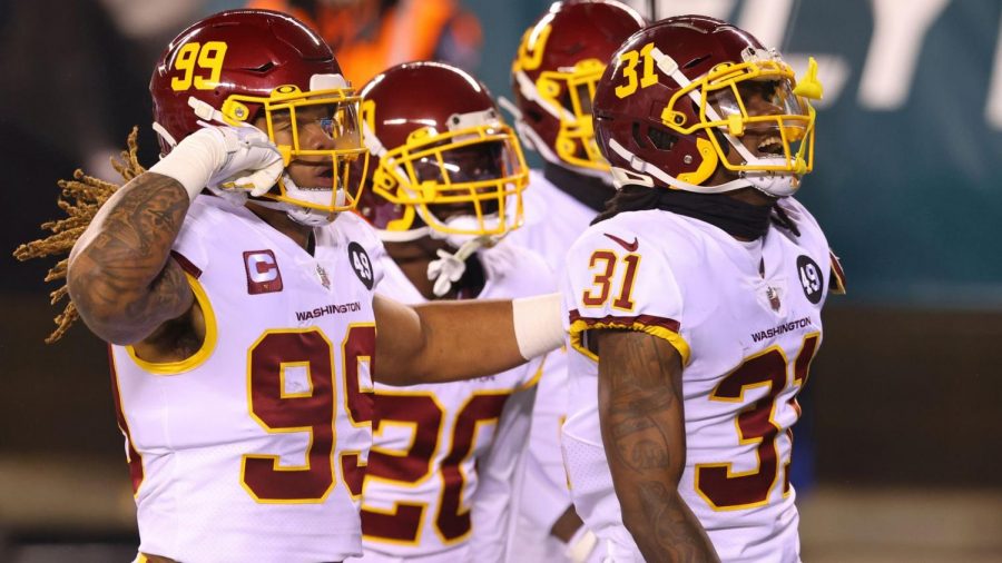 Washington Football Team defense celebrates after turnover in victory over the Philadelphia Eagles on Sunday Night Football