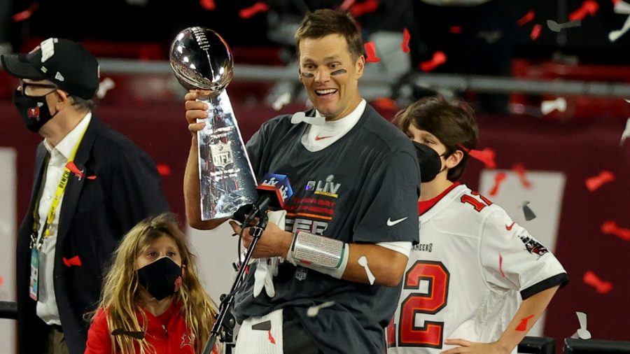 Tampa Bay Buccaneers quarterback Tom Brady hosts his seventh Lombardi Trophy, beating the Kansas City Chiefs in Super Bowl 55 31-9 in Tampa, Florida.