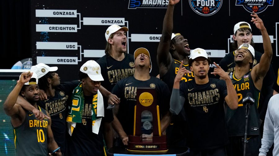 The Baylor Bears celebrate their first NCAA basketball championship in school history. 
Photo by Darron Cummings/AP 