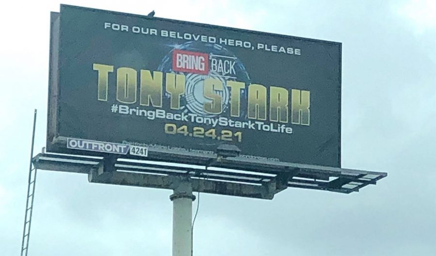 This is the billboard bought by fans in L.A. in hopes to bring Tony Stark back from the dead. Photo taken by Lights, Camera, Pod.