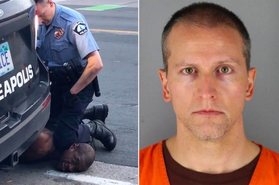 Chauvin kneeling on the kneck of George Floyd after he repeatedly stated that he could not breathe. (Left) The mugshot of former Minneapolis officer Derek Chauvin (Right)