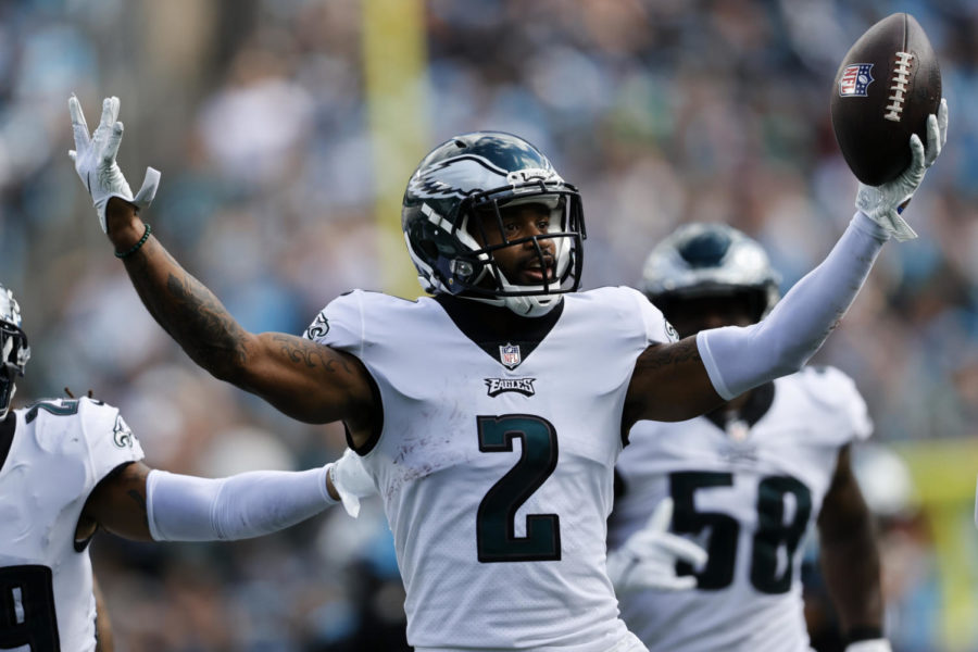 Philadelphia Eagles cornerback Darius Slay celebrates after an interception against the Carolina Panthers during the first half of the game.