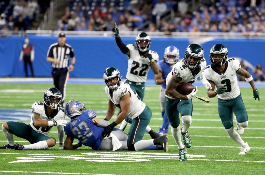 Philadelphia Eagles cornerback Darius Slay (2) returns a fumble by Detroit Lions running back DAndre Swift (32) for a touchdown  at Ford Field.