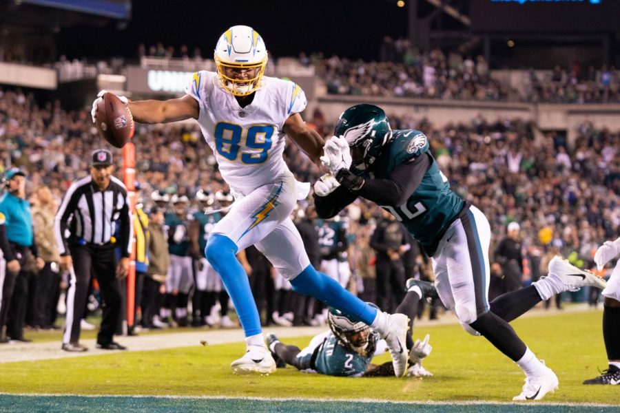 Chargers tight end Donald Parham powers past Eagles cornerback Darius Slay Jr, to score a touchdown in a 27-24 Chargers victory over the Eagles.
