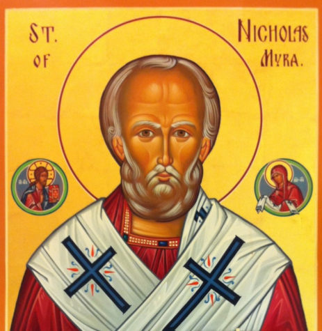 A painting of St.Nicholas of Myra, wearing a red robe. 