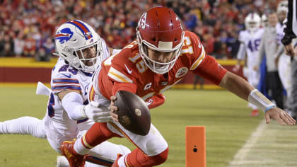 Kansas City Chiefs quarterback, Patrick Mahomes, dives for the pylon, scoring a touchdown in the Chiefs 42-36 win over the Buffalo Bills in the AFC Divisional Round. The Chiefs will advance to their fourth straight Conference Championship game appearance. 