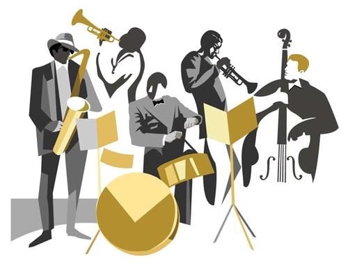 Art of black American Jazz musicians playing together. For African American Music Appreciation Month (June). 