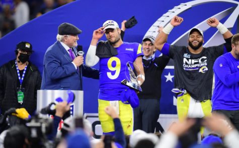Los Angeles Rams QB Matthew Stafford and defensive tackle Aaron Donald celebrate with former Steelers QB Terry Bradshaw after their 20-17 win over the San Francisco 49ers in the NFC Conference Championship to advance to Super Bowl LVI against the Cincinnati Bengals. 